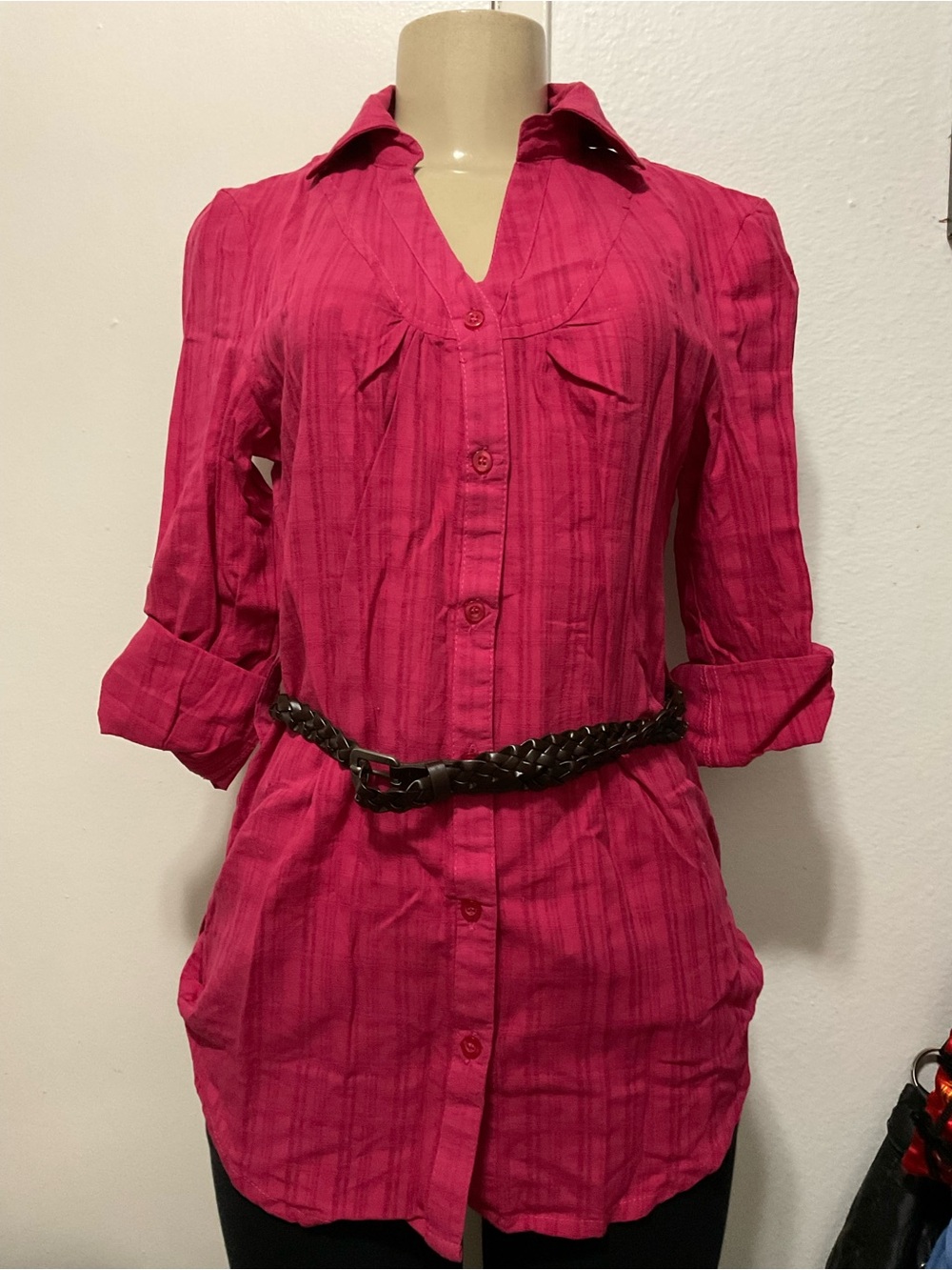 Last kiss women’s Y2K Bright Pink Button-Up Shirt with belt size L